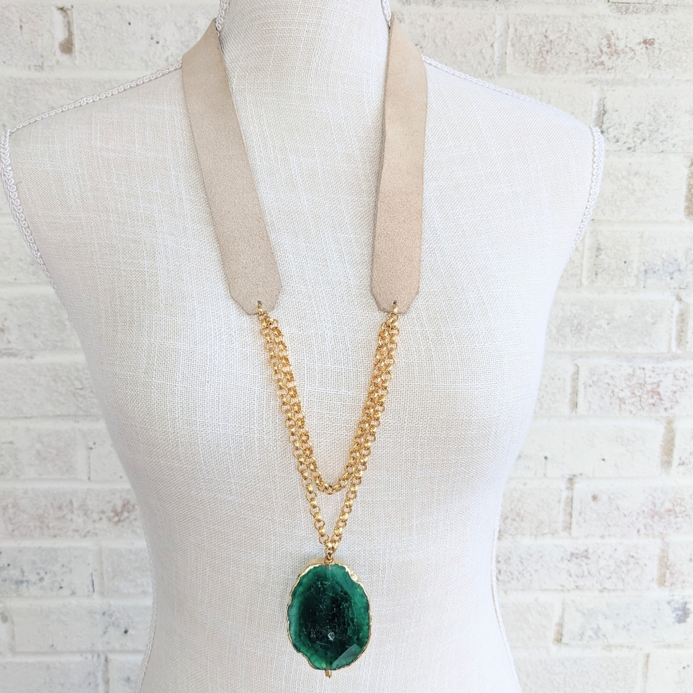 GREEN QUARTZ  LARGE PENDANT WITH LEATHER NECKLACE